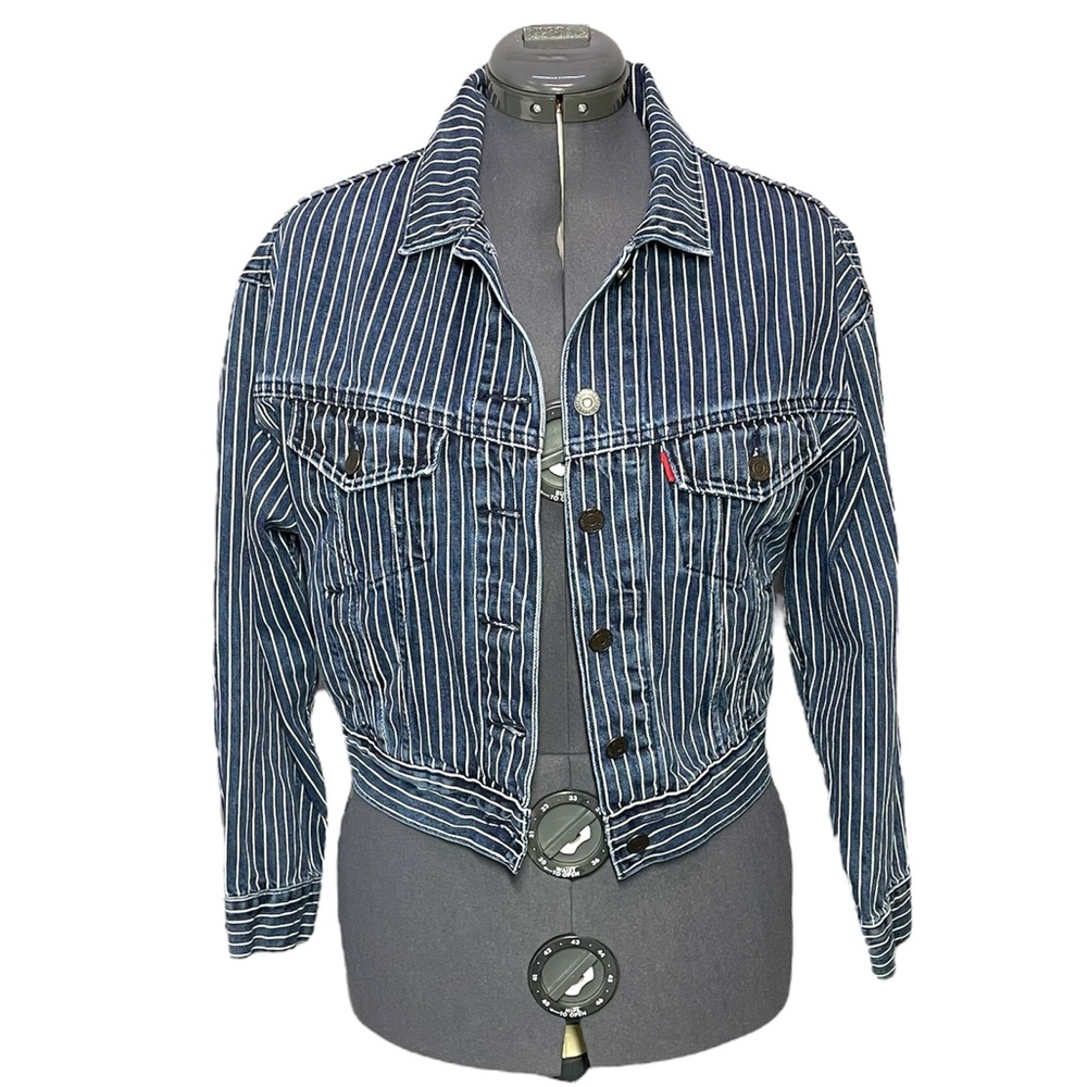 Levi’s Slouch Trucker Jacket Pinstripe Sz XS Jean Denim 1980’s Stranger Things